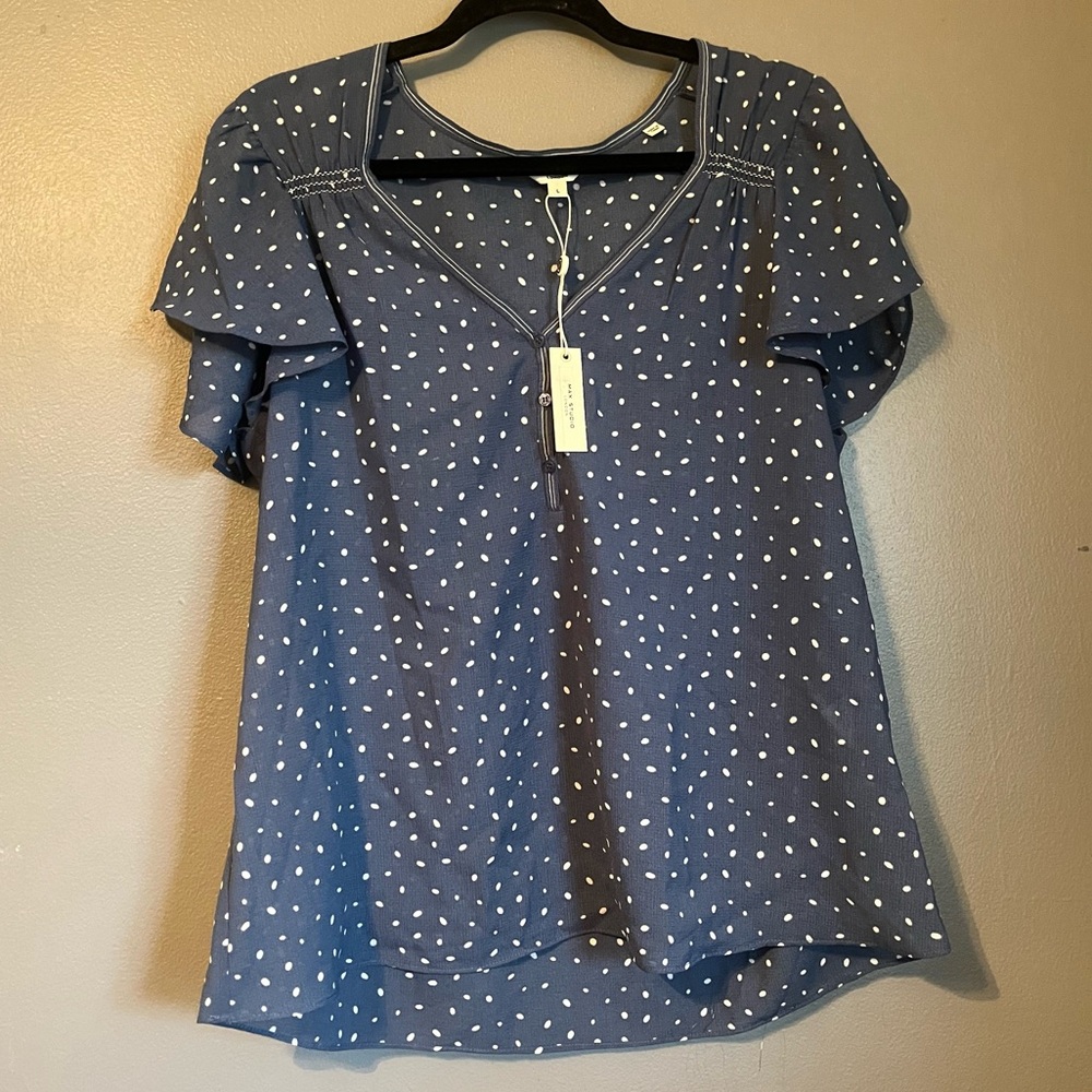 NWT Max Studio Sz Large Women’s Blue White Babydoll Ruffle Sleeve Blouse Ret $98